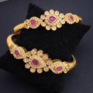 Ruby Stone Gold Bangles – Traditional CZ Floral Pair of Bangles - 2.6 inches