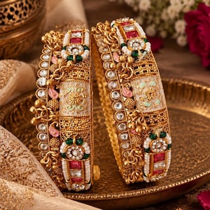 Pode incluir: Dois braceletes dourados com trabalho em metal intrincado, painéis de esmalte branco com motivos florais e pedras vermelhas e transparentes incrustadas. Os braceletes são acentuados com pequenos pingentes dourados, pérolas e contas verdes.