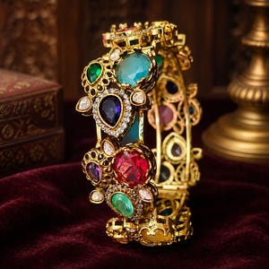 Multicolor Gemstone Kada Bracelet, Gold Tone Rajwadi Kundan Bangle, Indian Statement Jewelry, Bridal Wedding Gift for Her