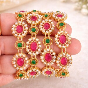 Gold Plated Bangle Set: Ruby, Emerald & Beaded Indian Wedding Bangles