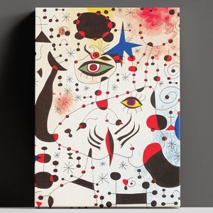 May include: Abstract art print featuring a white background with black, red, blue, and yellow shapes and lines. The print includes two large eyes with red pupils and black eyelashes.