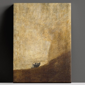 Puede incluir: Una pintura de un perro en un paisaje marrón y beige. El perro está mirando al espectador y está en primer plano de la pintura. El fondo es un paisaje brumoso e indistinto.