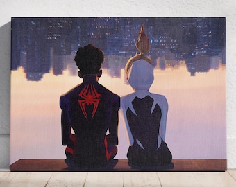 Arte mural de Miles Morales y Gwen Stacy, lienzo de Spider-Man listo para colgar, regalo para fans de Spider-Man, póster de Miles Morales, idea de decoración de pared para niños