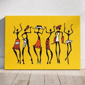 African Dance Themed Wall Art, Colorful Dancing Woman Ready to Hang Canvas, Yellow Colored Print Poster, African Dance Home Decor Idea