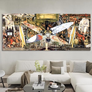 Könnte beinhalten: Ein großer, rechteckiger Druck eines Wandgemäldes, das eine historische Szene mit zahlreichen Figuren zeigt. Das Kunstwerk zeigt eine zentrale Figur, umgeben von verschiedenen Elementen, darunter Fahnen und architektonische Details. Die Farbpalette umfasst Erdtöne mit Akzenten in Weiß, Rot und Blau.