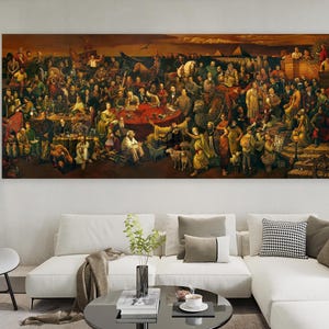 May include: A large, rectangular canvas print of a historical painting, depicting a crowded scene with numerous figures in period clothing. The artwork features a warm color palette with reds, browns, and golds. The print is displayed above a white sectional sofa in a modern living room.