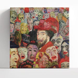 May include: A painting of a crowd of people with many faces, some wearing masks. The painting is done in a style reminiscent of Vincent van Gogh, with bold brushstrokes and vibrant colors. The central figure is a man with a beard, wearing a red hat.