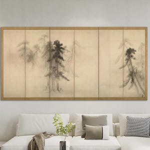 May include: A multi-panel artwork depicting a tranquil landscape with trees. The artwork is in shades of grey and brown, highlighting the intricate details of the trees and their environment. It is presented within a light brown wooden frame.