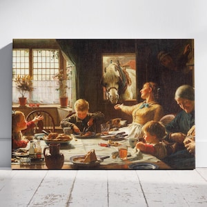 Puede incluir: Una pintura que representa a una familia reunida alrededor de una mesa para una comida. La mesa está puesta con un gran asado, verduras y otros platos. Un caballo blanco es visible a través de una ventana detrás de la familia. La pintura está realizada en un estilo realista con colores cálidos.