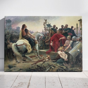 May include: A painting depicting a historical scene with a man on horseback leading a group of people. The man is wearing a red tunic and a crown. The people behind him are dressed in various styles of clothing. The painting is set against a backdrop of a city.