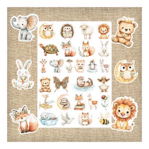 Peut inclure: Une collection d'autocollants d'animaux colorés, dont un éléphant, un hibou, un hérisson, un mouton, un lion, un ours, une tortue, un renard, un écureuil, un lapin, une girafe, une oie, un chat, un pingouin, un lama, une loutre et une abeille.