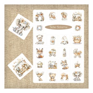 May include: A collection of baby-themed stickers with watercolour illustrations. The stickers feature animals such as elephants, bears, and foxes, along with floral accents and the text "Bébé Bohème". The colour palette includes soft browns, creams, and pastels.