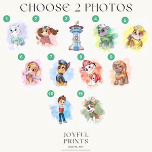 May include: Digital art print featuring eleven cartoon illustrations of characters from the Paw Patrol series. The characters are depicted in various poses and outfits, with colorful watercolor backgrounds. The text "CHOOSE 2 PHOTOS" and "JOYFUL PRINTS DIGITAL ART" are also present.