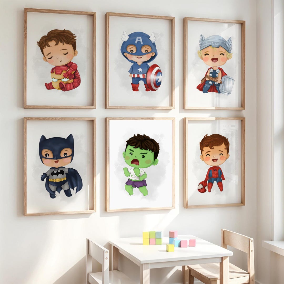 Super Heroes Wall Art Set of 6 Prints, Boys Room Decor, Playroom Wall ...