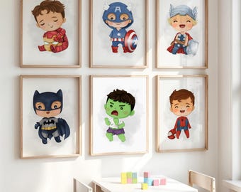 Super Heroes Wall Art Set of 6 Prints, Boys Room Decor, Playroom Wall Art Nursery Super Heroes Themed Posters, Printable Digital Download