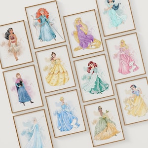12 akvarell prinsesskonsttryck för flickrum, väggkonst med älvor och barnrum, set med 12, pastellfärgad barndekor, utskrivbar digital nedladdning