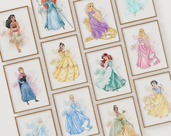 12 Watercolor Princess Art Prints for Girls Room, Nursery Fairy Wall Art Set of 12, Pastel Kids Decor, Printable Digital Download