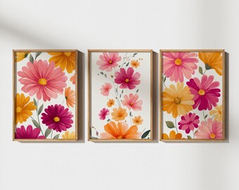 Colorful Floral Nursery Wall Art Set, Pink Orange Flower Posters, Kids Room Decor, Playroom Prints, Printable Digital Download