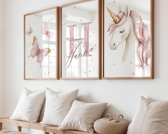 Personalized Unicorn Wall Art Set | Pink Butterfly & Unicorn Prints | Girl Name Nursery Decor