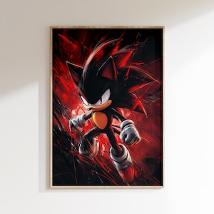 May include: A framed print featuring a stylized illustration of a black hedgehog character with red accents against a vibrant red and black background. The character is in a dynamic pose, with white gloves and red shoes.