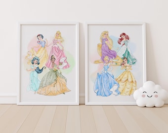 Láminas de princesas para habitación infantil: Decoración pastel para habitación de niña (Descarga digital)
