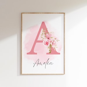 Floral Name Initial Nursery Print: Pink Watercolor Letter (Digital Download)