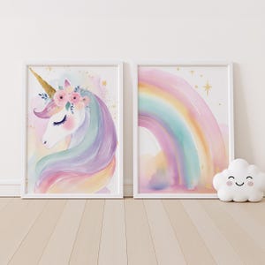 Eenhoorn regenboog kinderkamer muur kunstset, pastel meisjeskamer decor, afdrukbare babymeisje posters, magische kinderkamer decor, gepersonaliseerde naamafdruk