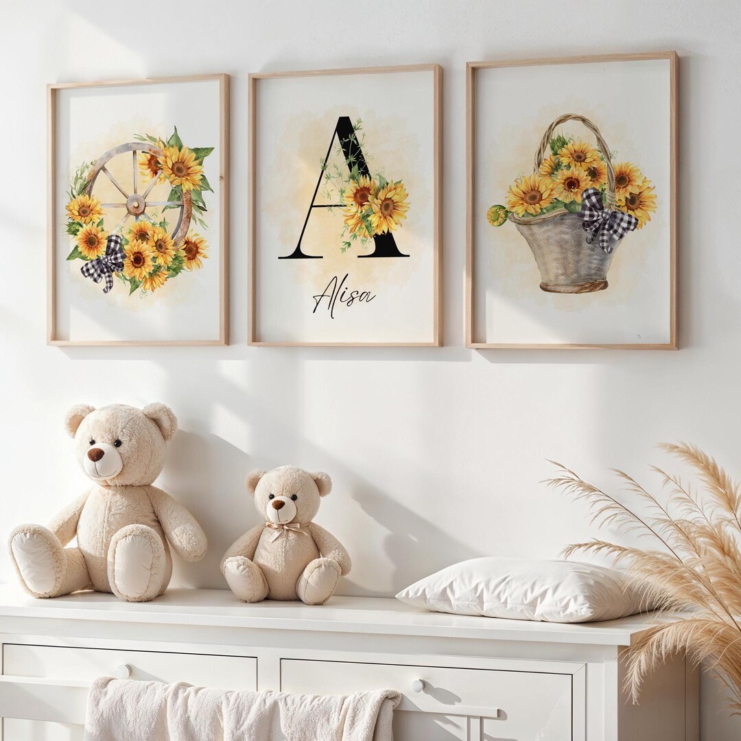 Sunflower Nursery Wall Art Set | Personalized Initial Print With Name ...