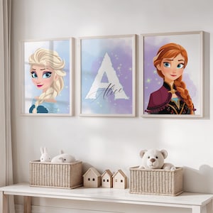 Arte de pared de Frozen para habitación de niña / Impresiones de nombre personalizadas / Juego de 3 pósteres digitales / Decoración infantil de Frozen / Impresión personalizada para habitación infantil