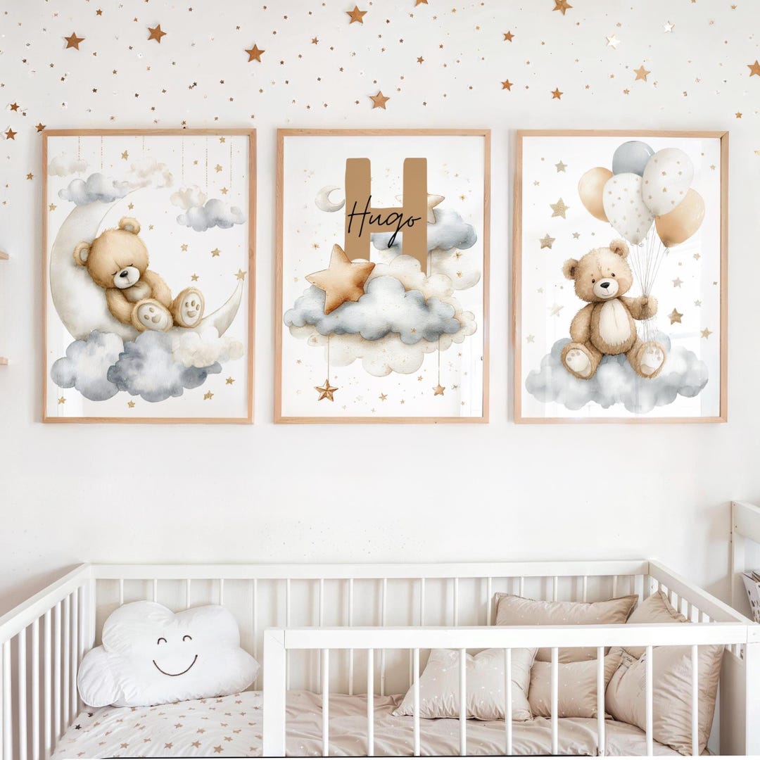 Custom Teddy Bear Nursery Art Set | 3 Prints for Baby Name Decor ...