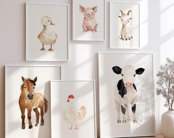 Farm Animals Nursery Wall Art Set, Neutral Baby Room Prints, Cute Watercolor Animal Posters, Kids Bedroom Decor