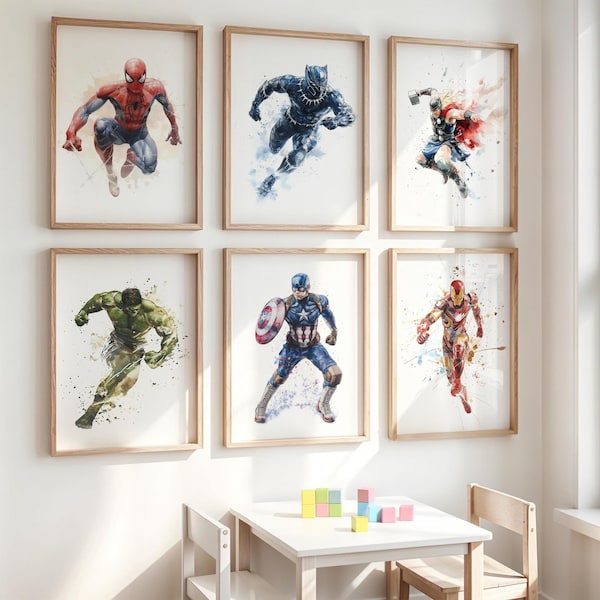 Action Hero Watercolor Prints: Playroom Comic Book Wall Art (Set of 6) (Digital Download)