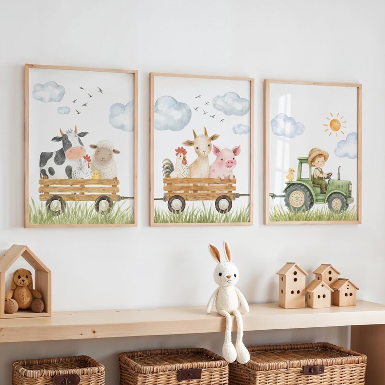 Farm Animal Nursery Wall Art Printable, 3 Piece Kids Room Decor ...