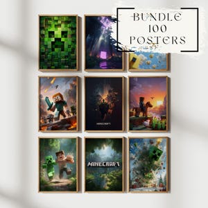 Könnte beinhalten: Neun gerahmte Minecraft-Poster mit verschiedenen Spielszenen. Die Poster zeigen Charaktere, Landschaften und das Minecraft-Logo. Das Poster oben rechts trägt den Text "BUNDLE 100 POSTERS" in einem schwarzen Rahmen. Die Poster sind in Holzrahmen.