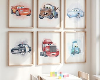 Watercolor Car Poster Set – Cute Cartoon Vehicle Wall Art for Kids Room, Nursery or Playroom Set of 6 Prints