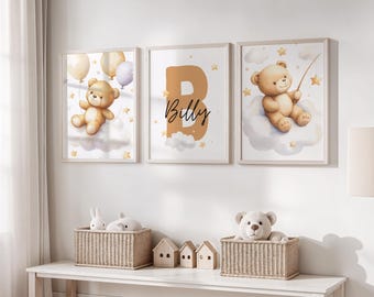 Juego de 3 decoraciones para habitación infantil con ositos de peluche: Láminas personalizadas con nombre (descarga digital)