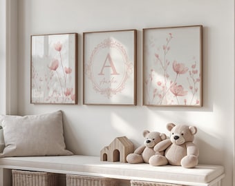 Personalized Pink Floral Nursery Prints: Custom Initial Wall Art (Digital Download)