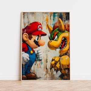 May include: Framed artwork showing Mario and Bowser in a face-off. Mario wears a red cap and blue overalls, while Bowser is yellow and green. The background has a textured, abstract style. The artwork is in a wooden frame.
