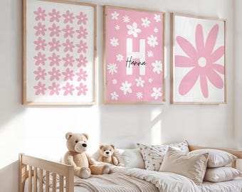 Custom Set of 3 Daisy Wall Art Prints Personalized Name Sign Girl Room Decor Floral Printable, Gallery Wall Art, Neutral Boho Nursery Decor