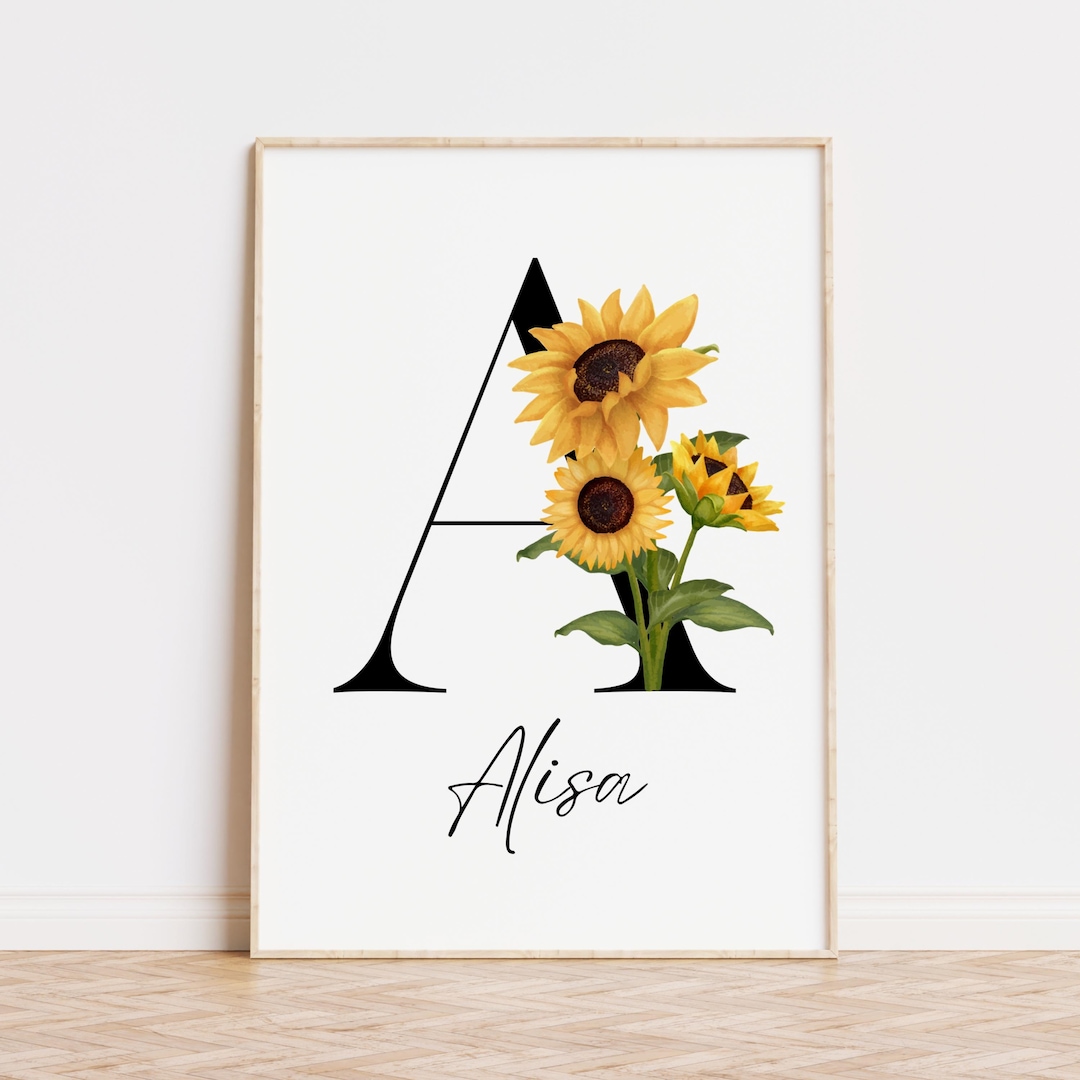 Personalized Initial Sunflower Poster With Name | Nursery Wall Art ...