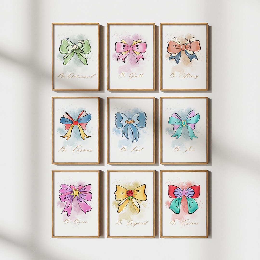 Bow Nursery Wall Art Set, Watercolor Ribbon Prints With Inspirational ...