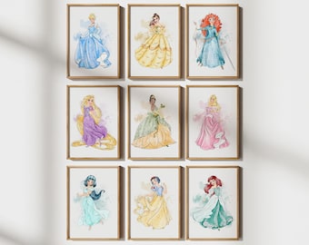Juego de 9 impresiones de princesas para pared, impresiones de princesas en acuarela, pósteres de princesas para guardería, decoración de pared para habitación de niña, ilustraciones de princesas, descarga instantánea