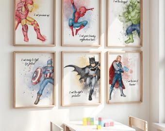 Juego de 6 impresiones de acuarela de superhéroes para pared de niños, decoración de habitación de niños, impresiones para guardería, pósteres de pared con temática de héroes, ilustraciones imprimibles para sala de juegos.