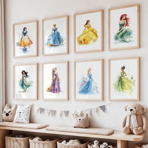 8 Watercolor Princess Posters for Girls Room – Fairy Tale Royal Girls Wall Art Set, Printable Nursery Decor, Digital Download