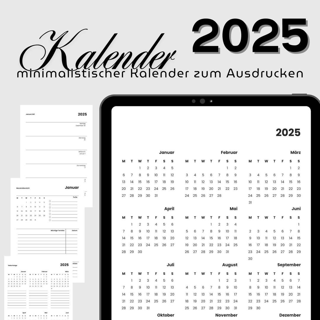 2025 Jahreskalender zum Ausdrucken als Wandkalender Jahresübersicht