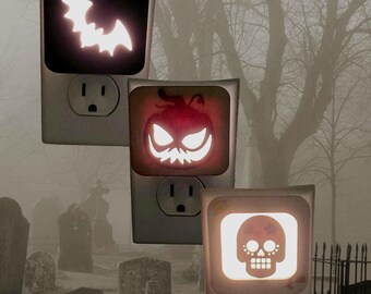 Halloween Nightlight: Wood Engraved Bat, Jack 'O Lantern, or Sugar Skull