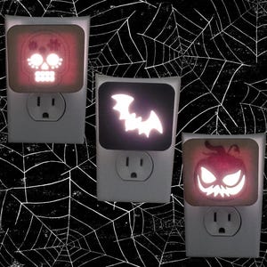 Halloween Wood Engraved Nightlight | Bat, Jack&#39;O Lantern, or Sugar Skull Halloween Decor Light