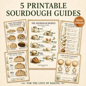 Puede incluir: Cinco guías imprimibles sobre masa madre con ilustraciones educativas y texto. Los carteles incluyen títulos como The Sourdough Journey, Understanding Hydration y Learn to Read Your Dough, con diagramas detallados de panes y pasos.