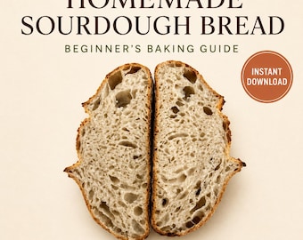 Puede incluir: Una guía digital titulada HOMEMADE SOURDOUGH BREAD BEGINNER'S BAKING GUIDE con el texto FOR THE LOVE OF BAKING y una insignia circular de INSTANT DOWNLOAD. En el centro, dos mitades de pan de masa madre muestran una miga abierta y aireada.
