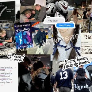 May include: A collage of images featuring a variety of themes, including a book titled "Binding 13", a newspaper headline about a "Boy Wonder", a couple embracing, and a text message that reads "Hey Queen".